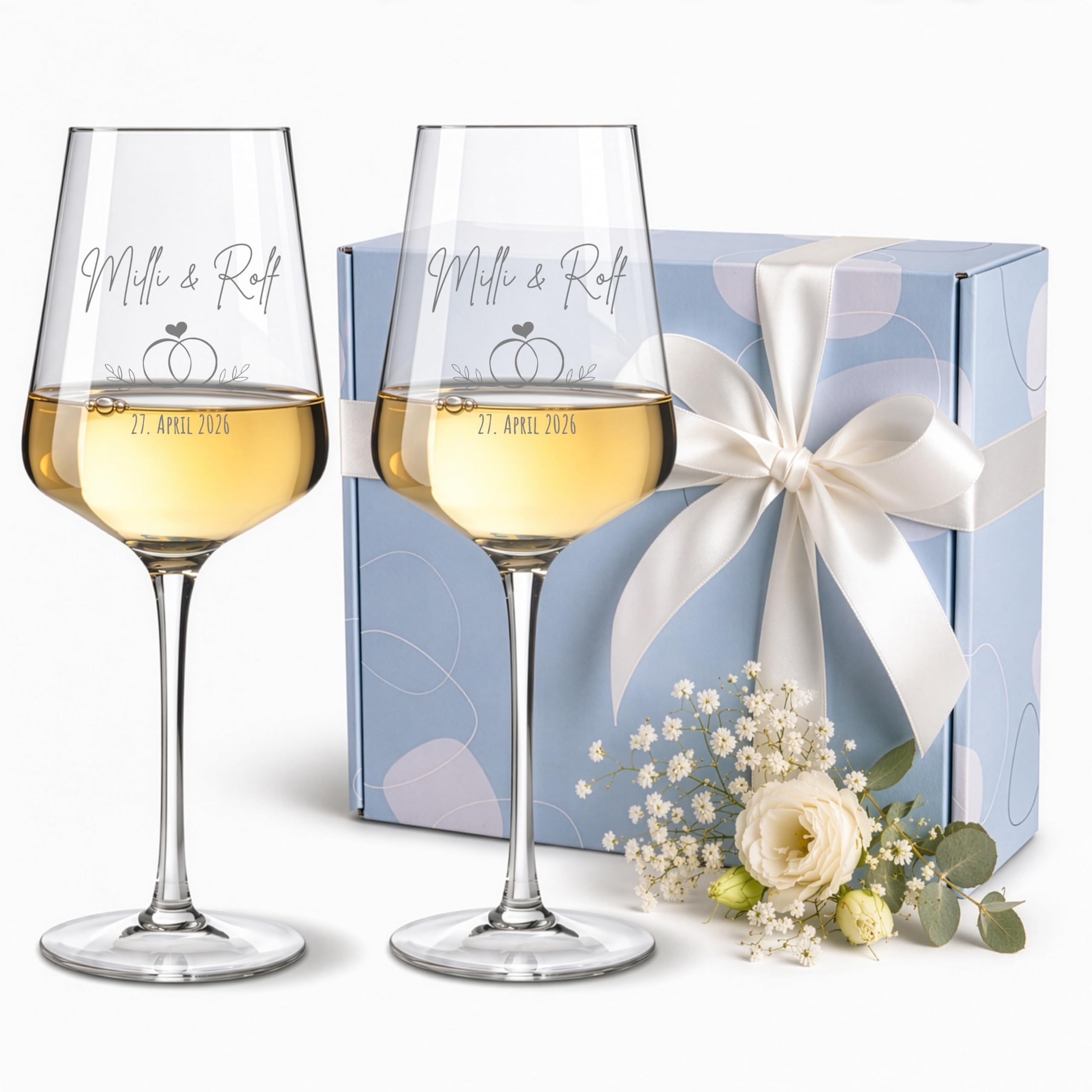 VILLA ROSA LOTTA - Weingläser mit Gravur 2er Set - personalisierte Geschenke Hochzeit, personalisierte Hochzeitsgeschenke mit Namen, graviertes Weinglas für Brautpaar