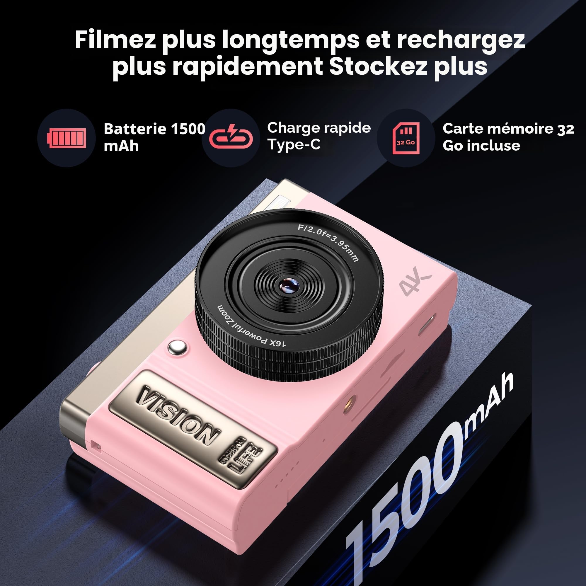 Appareil Photo Numérique 4K Digital: 64MP Appareils Numérique avec Écran Rabattable 180° - Camera pour Vlog avec Carte 32GB - pour Adolescents Débutants Adultes Enfant Rose YYZA9