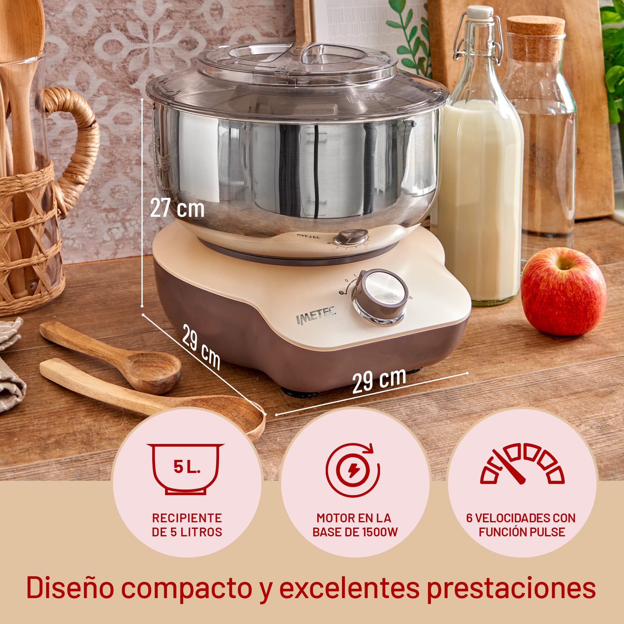 Imetec CakeLover, Batidora planetaria para dulces, Cremas y masas saladas, equipada, Compacta, 1500 W, Recipiente de acero inoxidable, 5 Litros, 6 Velocidades, Recetario, Color Negro/Beige