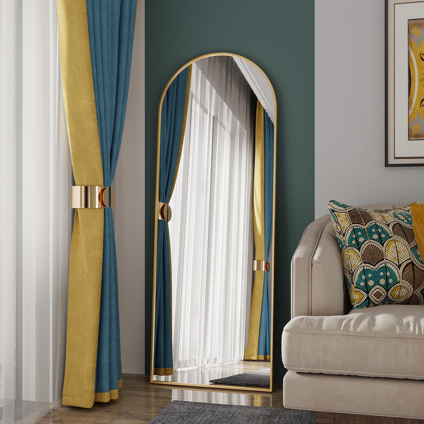 Specchio Curvo 162x53 cm, Minimalista con Piedi, Grande Specchio da Terra a Figura Intera, Bombato e Sospeso, Ellittico, per Camera da Letto Soggiorno Ingresso, Dorato