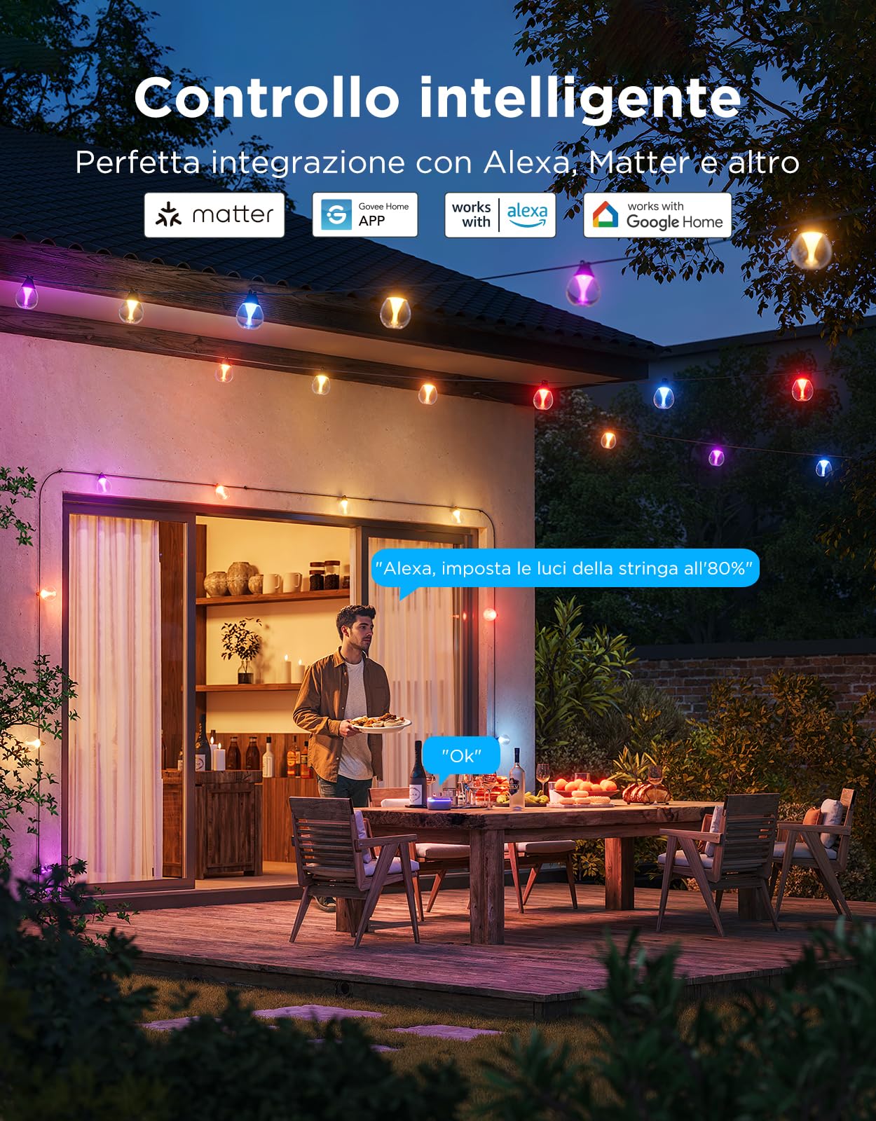 Govee Luci per Esterni, Luci a Catena LED RGBWIC Dimmerabili da 15 m | 16M di Colori e 111 Modalità di Scena, 80 lm per LED, Durata di 25.000 ore, Funziona con Alexa, Google Assistant, Matter