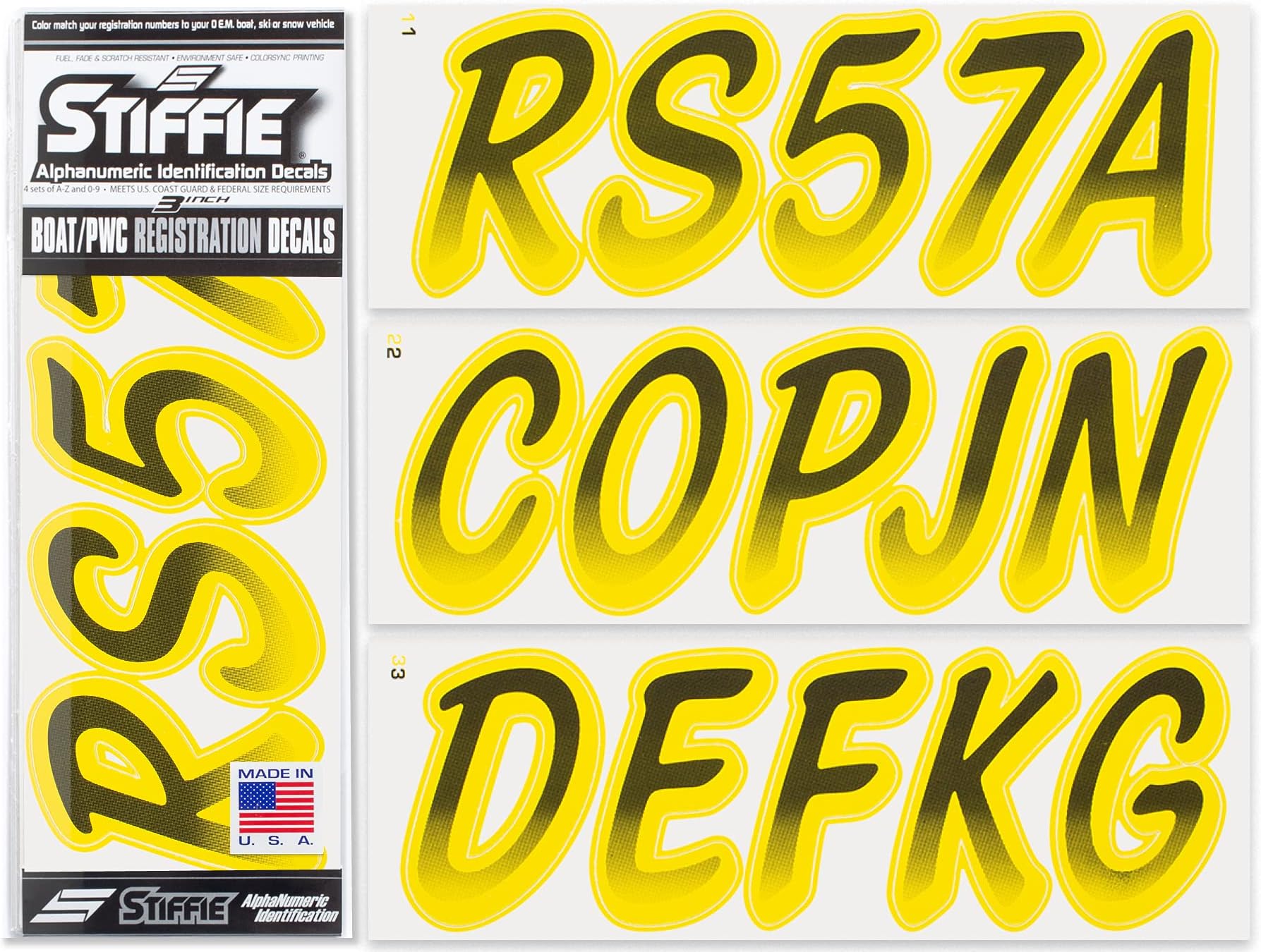 STIFFIE Whipline Black/Electric Yellow 3" Boat & PWC Registration Decals • Numbers Letters Stickers