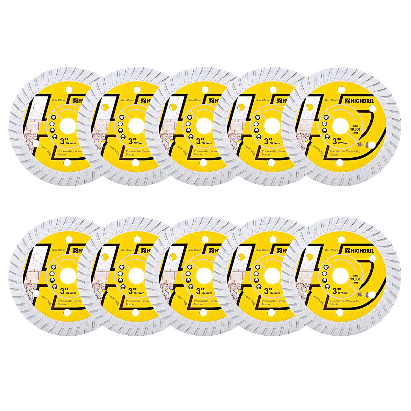 HIGHDRIL 10PCS 75mm/3" Tile diamond Blade Dry/Wet Angle Grinder Wheel Disc for Cutting Ceramic,Hard Pocelain,Glazed Tiles