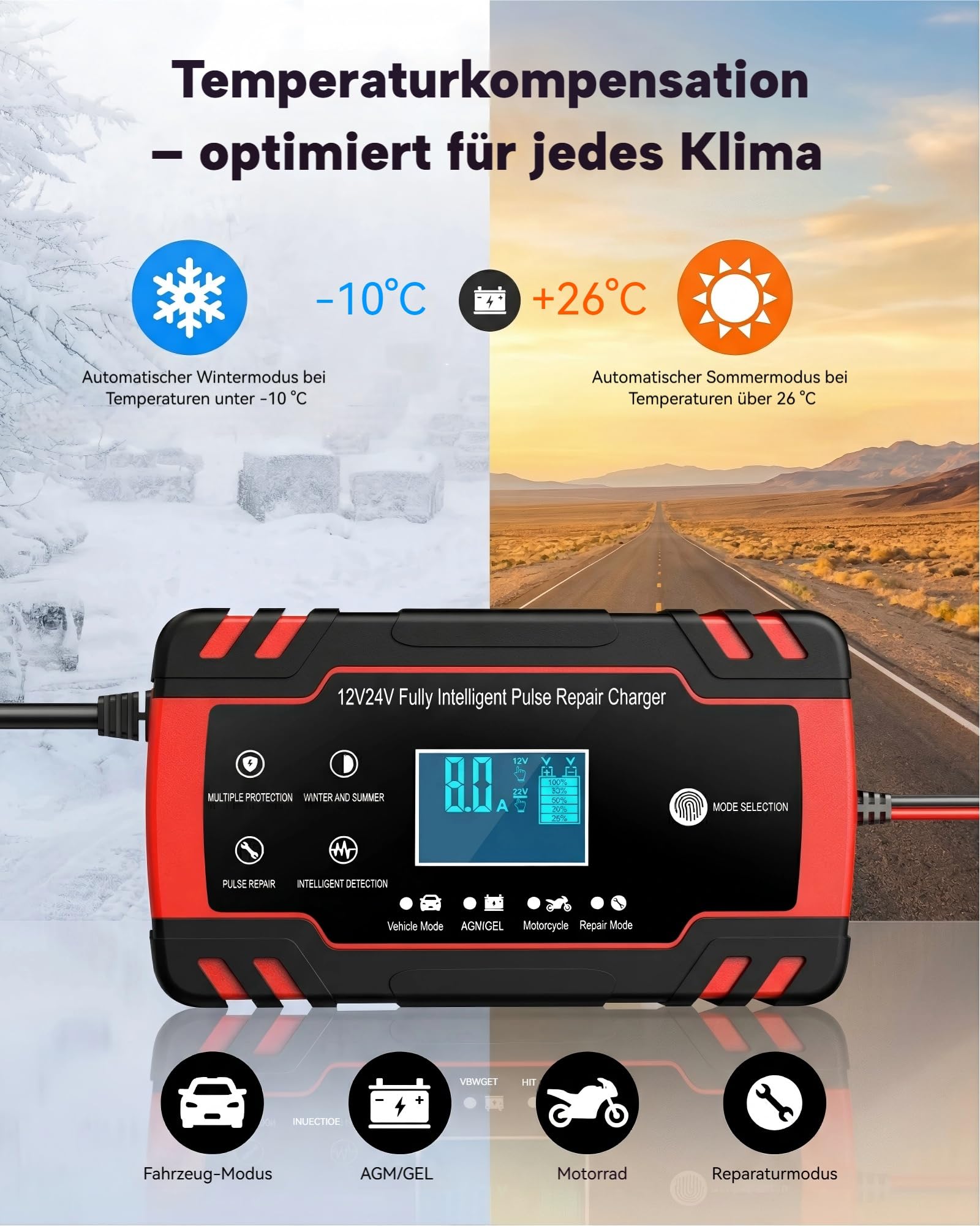 8A 12V/24V Autobatterie Ladegerät, intelligentes Erhaltungsladegerät mit automatischer Abschaltung & Temperaturkompensation, für Auto/Motorrad/LKW/Boot (AGM/EFB/Gel/Säure)