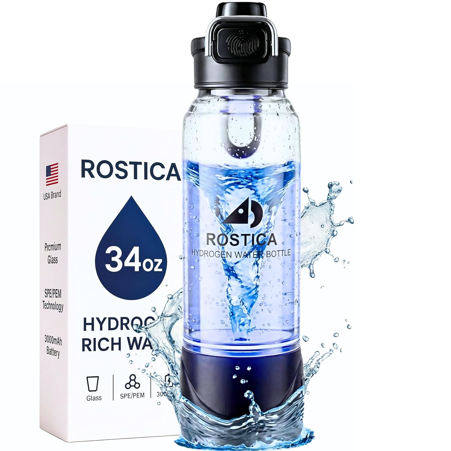 Upgraded Hydrogen Water Bottle Glass Generator – 34oz Borosilicate Glass, SPE/PEM Tech, Portable Water Ionizer Maker for Sports, Home, Office & Travel by ROSTICA