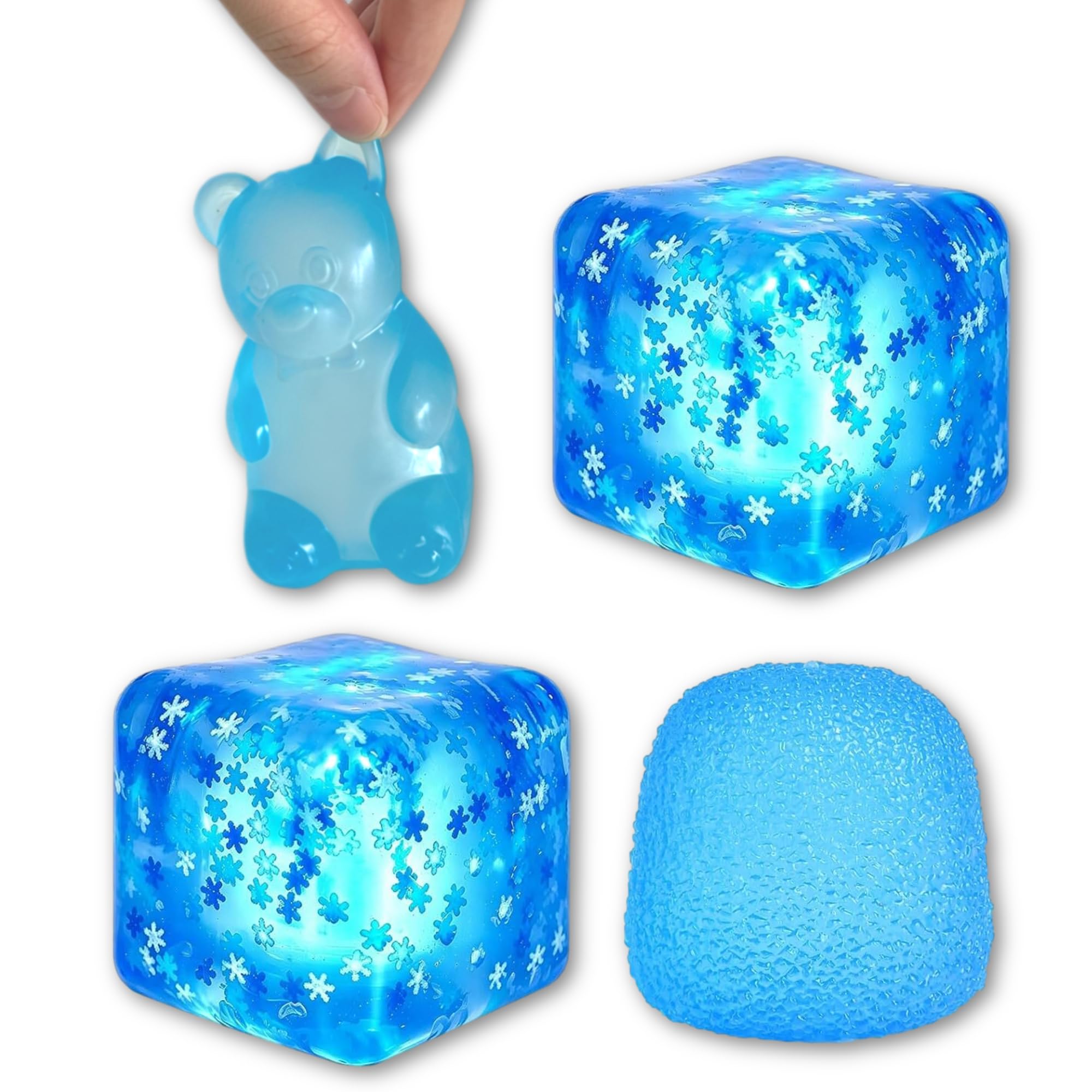 4Pcs Blue Squishy Cube Fidget Toys Set, Sensory Squeeze Toys, 6cm Chunky Weighted Stress Cubes with Bear, Frosted, Bumpy & Snowflake Textures, Handheld Desk Toys for Adults (Cool Blue)