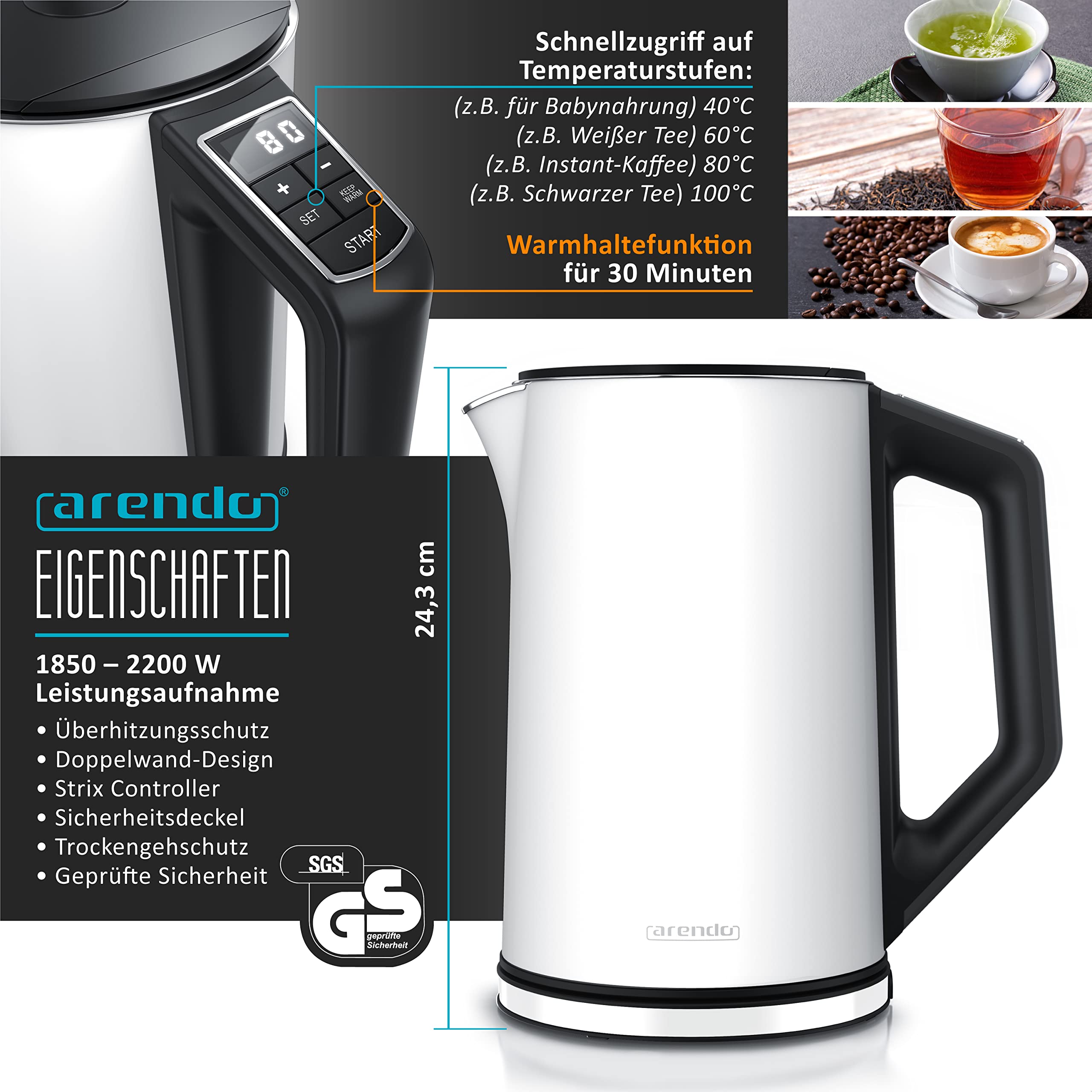 Arendo Wasserkocher mit Toaster SET Edelstahl Weiß matt 1,5L 40-100°C Warmhaltefunktion 4 Scheiben LED-Display 6 Bräunungsgrade