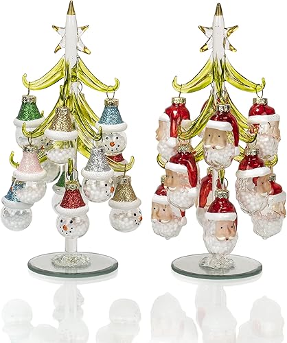 Red Co. Juego de 2 decoraciones de cristal verde para árbol de Navidad de 8 pulgadas con 12 adornos de Papá Noel y muñecos de nieve