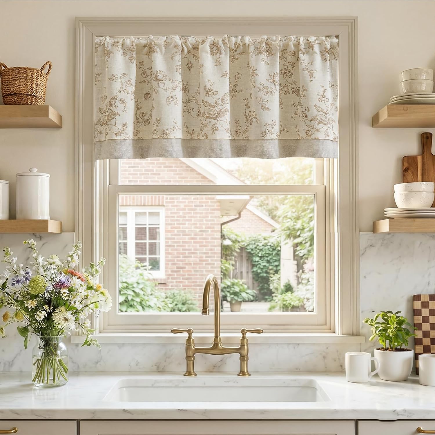 jinchan Amlie Floral Linen Valance Curtain Farmhouse Kitchen Valance for Living Room Laundry Light Filtering Double Layer Cottagecore Window Treatment Rod Pocket 1 Panel 16 Inch Taupe on Linen