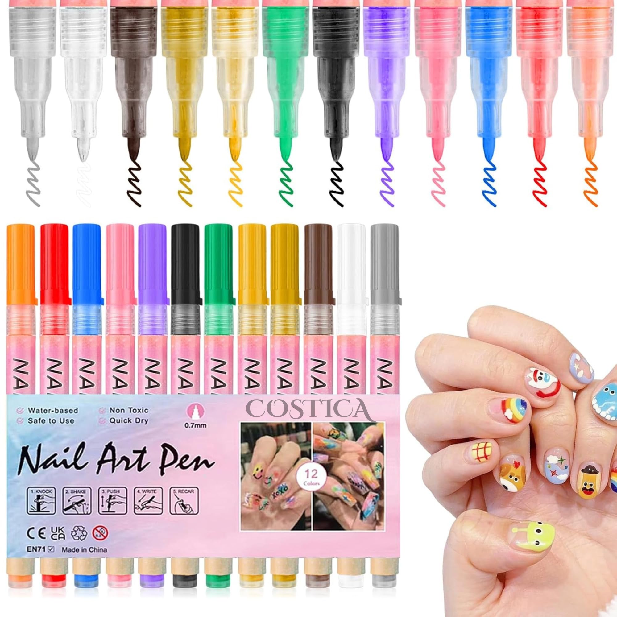12 Colors Nail Art Pens Set, 3D Nail Polish Pens, Multicolor, Gel, Quick Dry Long Lasting, Glossy Finish, 12 Count