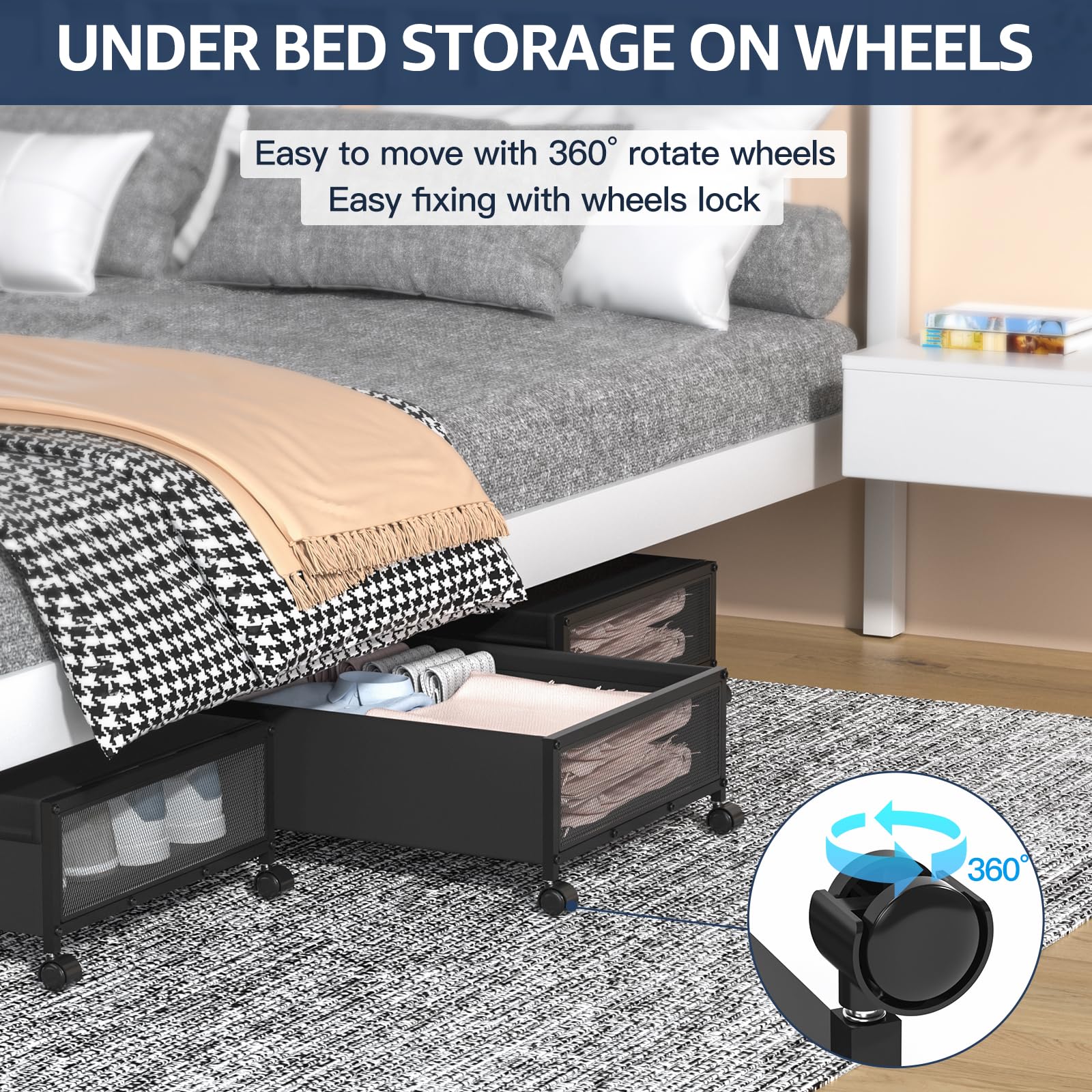 Contenitore sotto il letto con ruote, contenitore sotto il letto con coperchio, contenitori in metallo, contenitore per scarpe, vestiti, giocattoli, snack, libri (1 confezione)