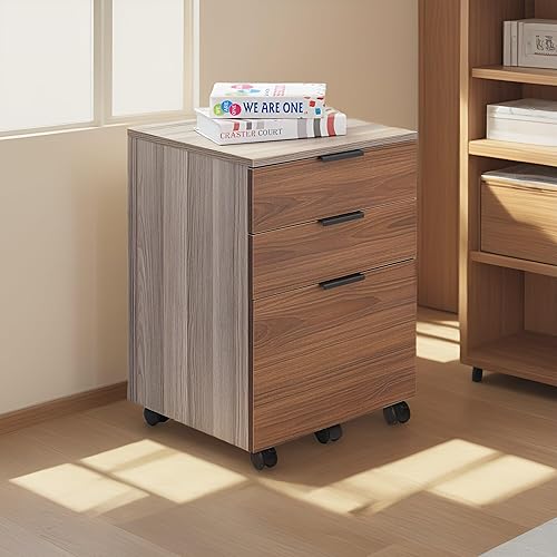Miniatura 2 de JJS Archivador de madera con ruedas de bloqueo, 3 cajones con ruedas de bloqueo, gabinete de almacenamiento de madera vertical portátil para oficina