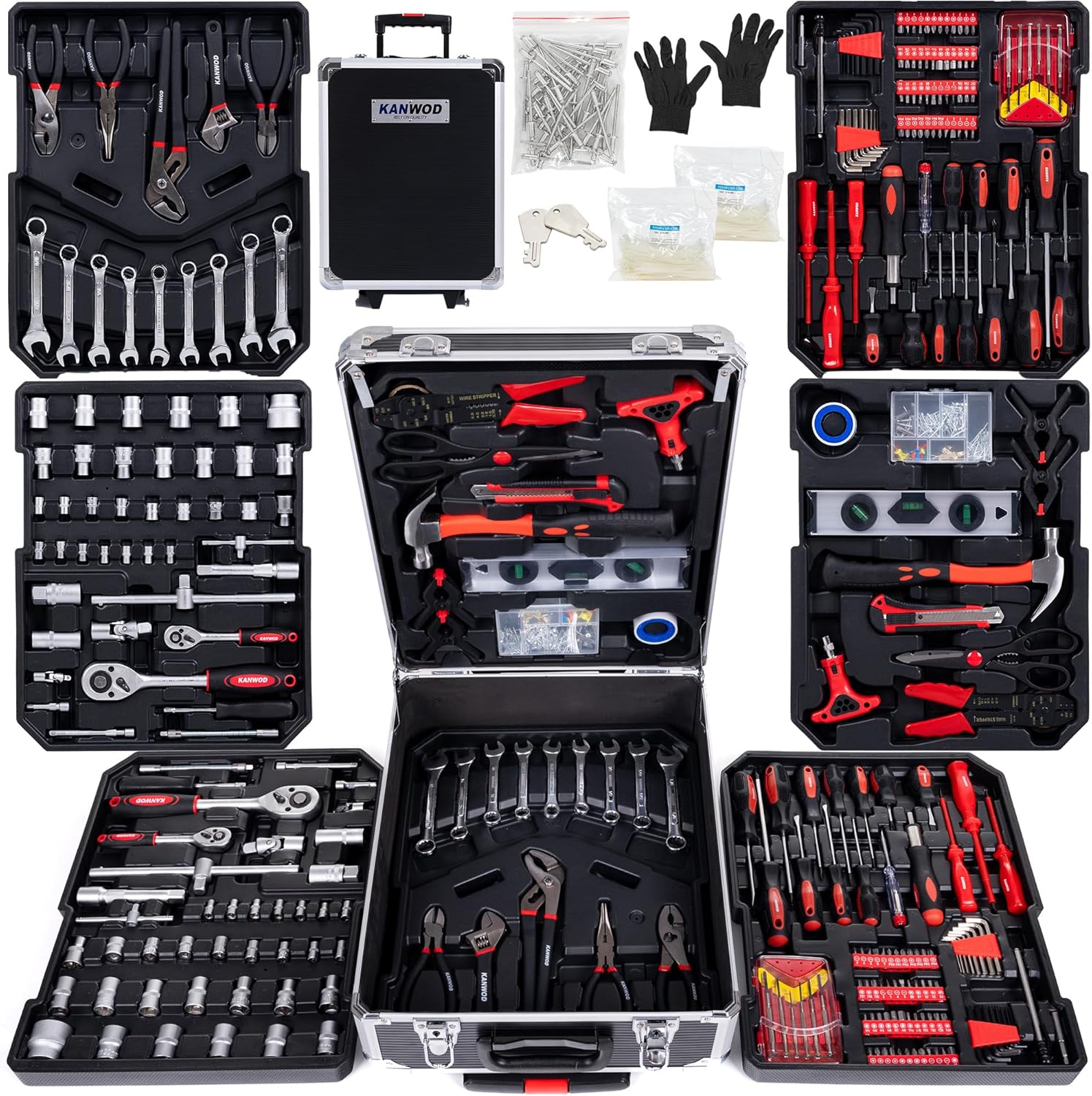 KANWOD Valise a outils 1500 pièces, Kit Bricolage pour Hobby et Travaux Domestiques, Mallette en Aluminium, Caisse a outils pour atelier, maison, Inclus clés à molette, marteau