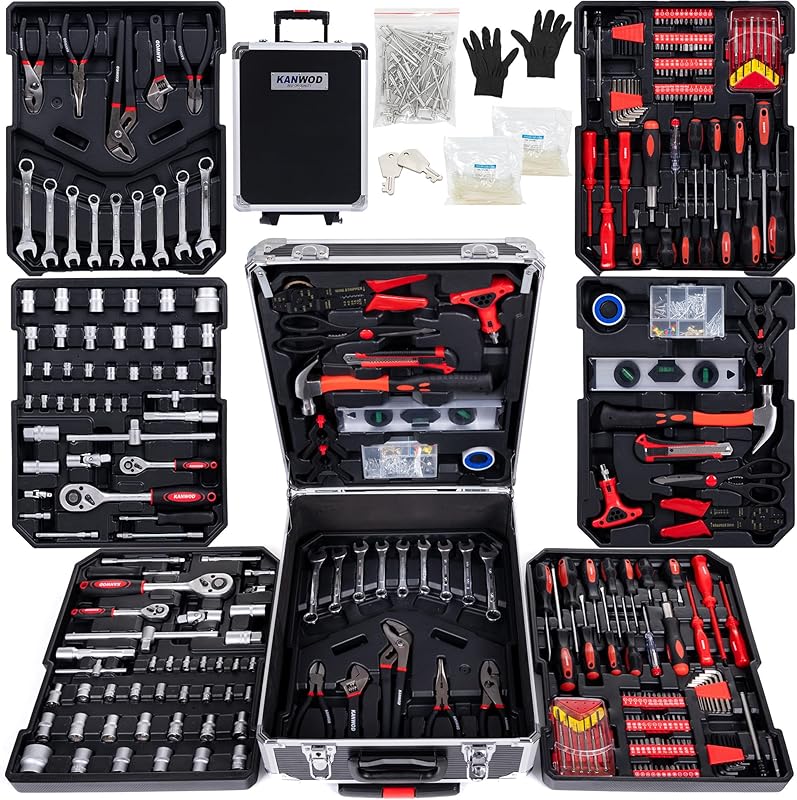 KANWOD Valise a outils 1500 pièces, Kit Bricolage pour Hobby et Travaux Domestiques, Mallette en Alu