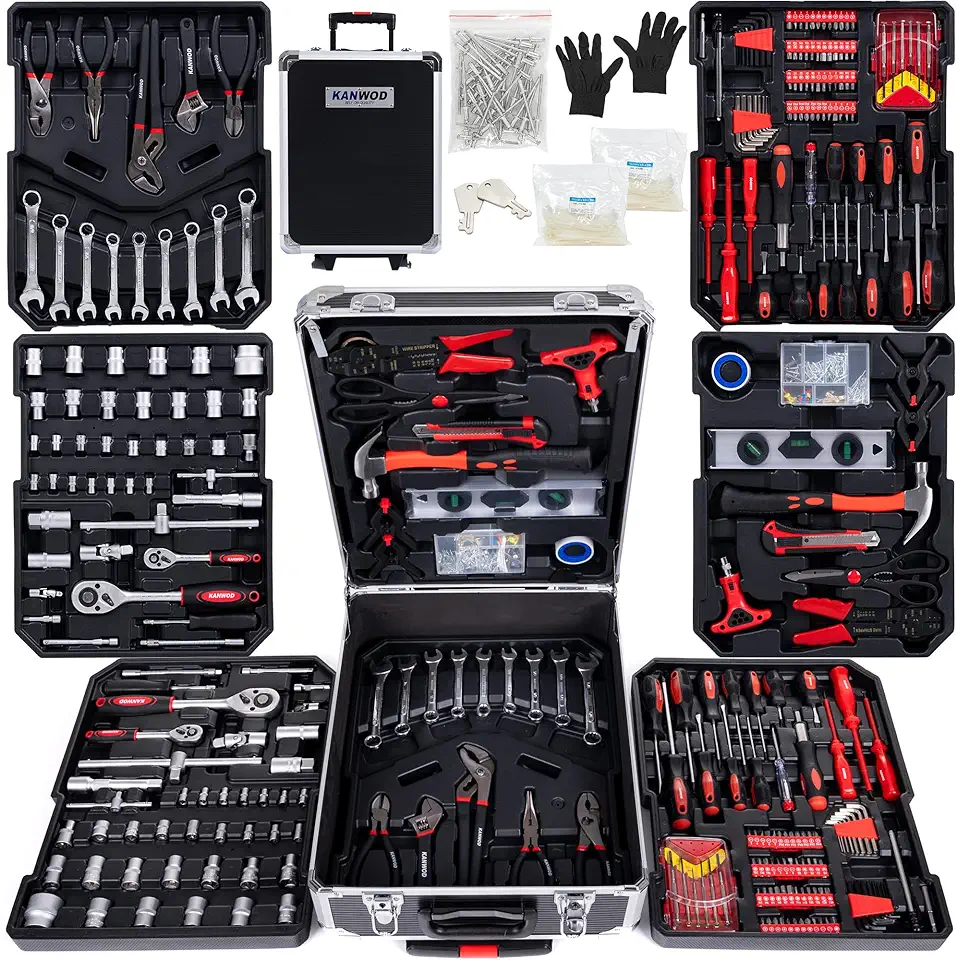 KANWOD Valise a outils 1500 pièces, Kit Bricolage pour Hobby et Travaux Domestiques, Mallette en Aluminium, Caisse a outils pour atelier, maison, Inclus clés à molette, marteau