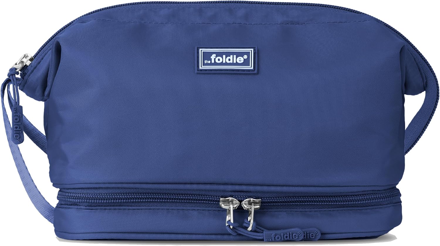 The Foldie Travel Toiletry Bag for Women & Men - Waterproof Travel Makeup Bag with Compartments - Wide-Open Cosmetics Pouch Bag - Easy to Clean Travel Bag for Toiletries & Makeup Brushes - Blue