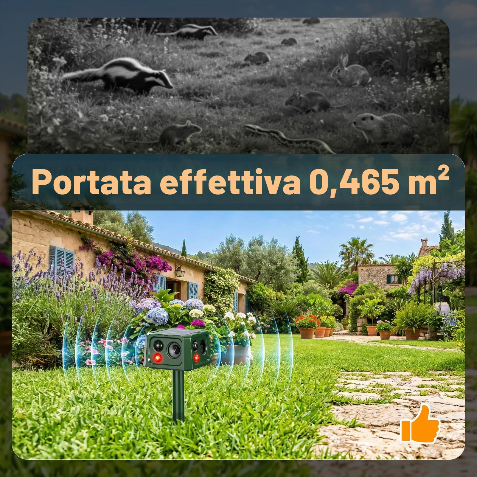 Repellente per Gatti Ultrasuoni Solare, Dissuasore per Gatti da Giardino Impermeabile, 5 Modalità Regolabili, Caricamento Solare, 360° Efficace per Gatti, Cani, Uccelli, Topi