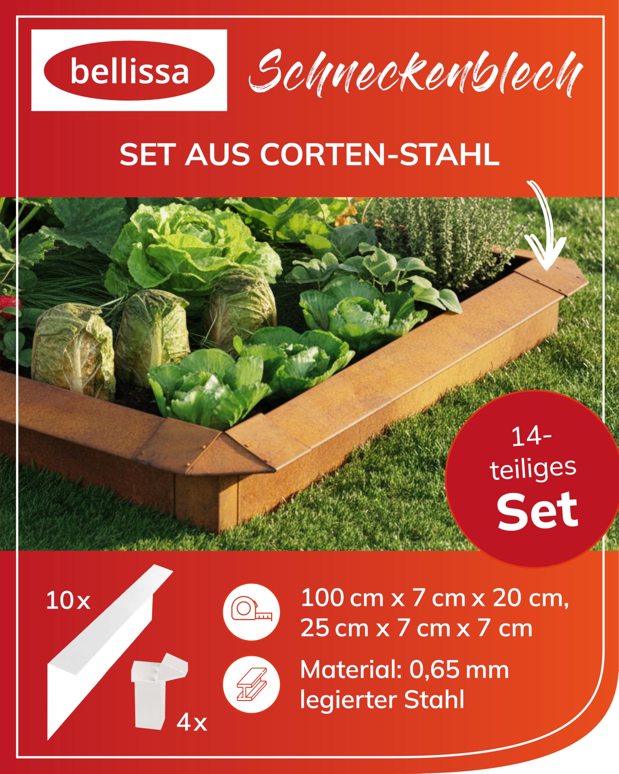 bellissa Schneckenzaun 14-teilig Rasenkante Cortenstahl 20 cm | Premium Beeteinfassung & Beetumrandung, langlebige Schneckenabwehr, Schneckenblech