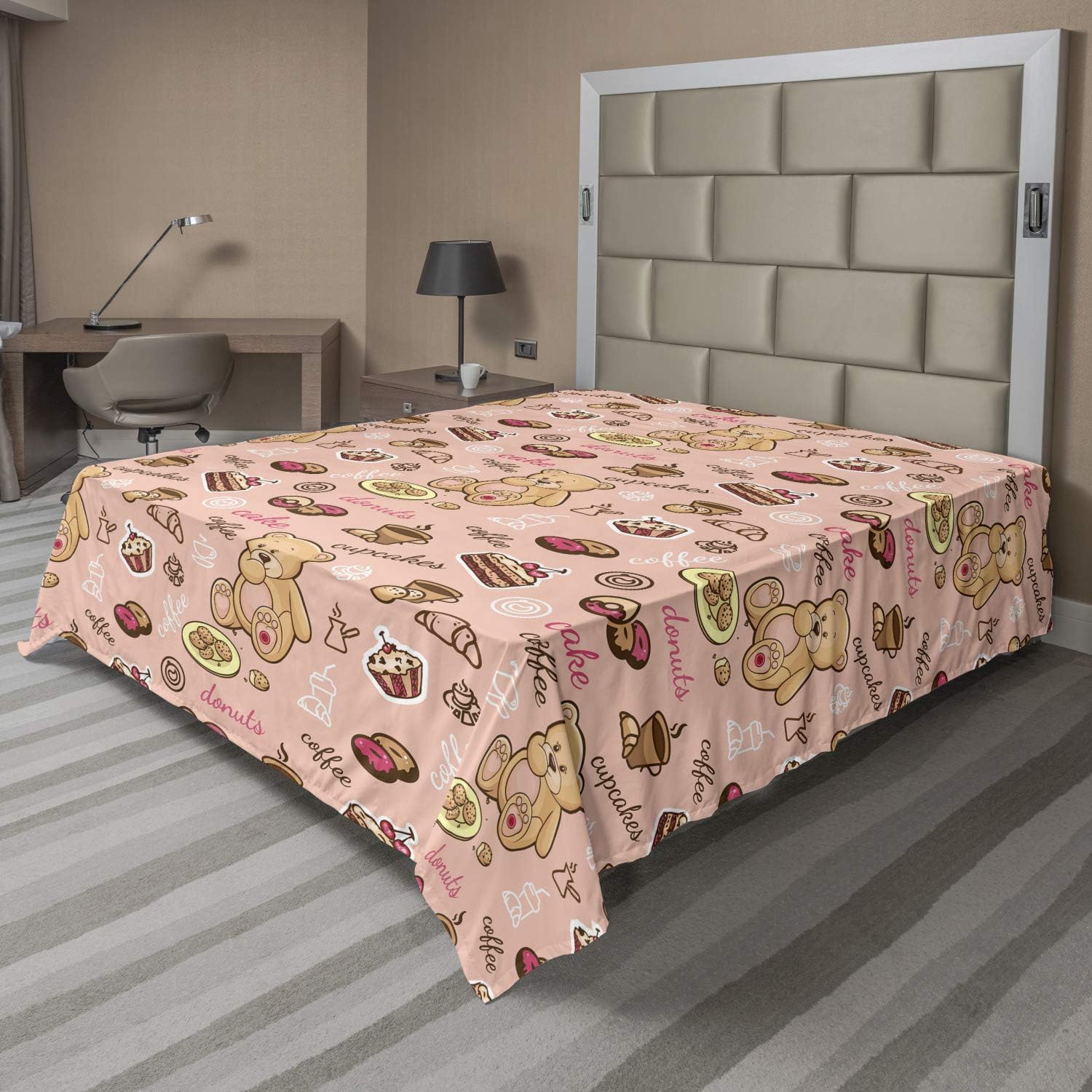 Ambesonne Dessert Flat Sheet, Teddy Bear Cupcakes Cookies Donuts Cakes Playroom Cartoon Print, Soft and Comfortable Top Sheet Decorative Bedding 1 Piece, Full Size, Sand Brown Coral