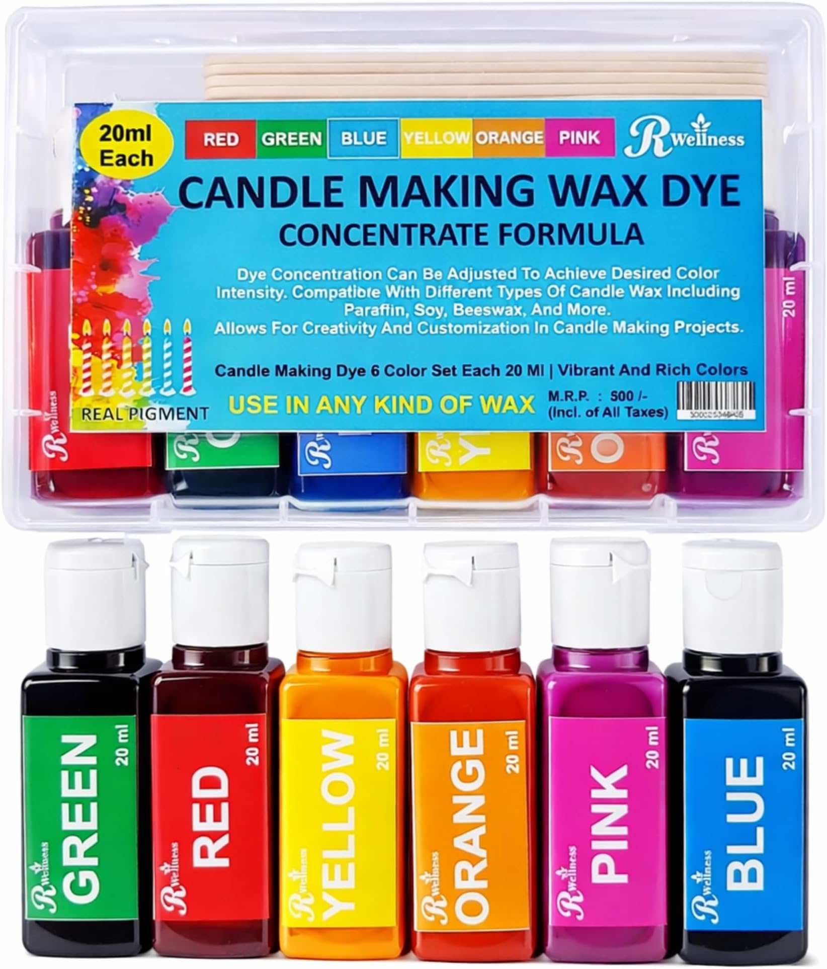 R Wellnessยฎ Color for Candle Making Wax Dye Pigment Set of 6 Colors, 20 ML Each Candle Pigment Liquid Colors and Candle Making Dyes for All Types of Candle Wax