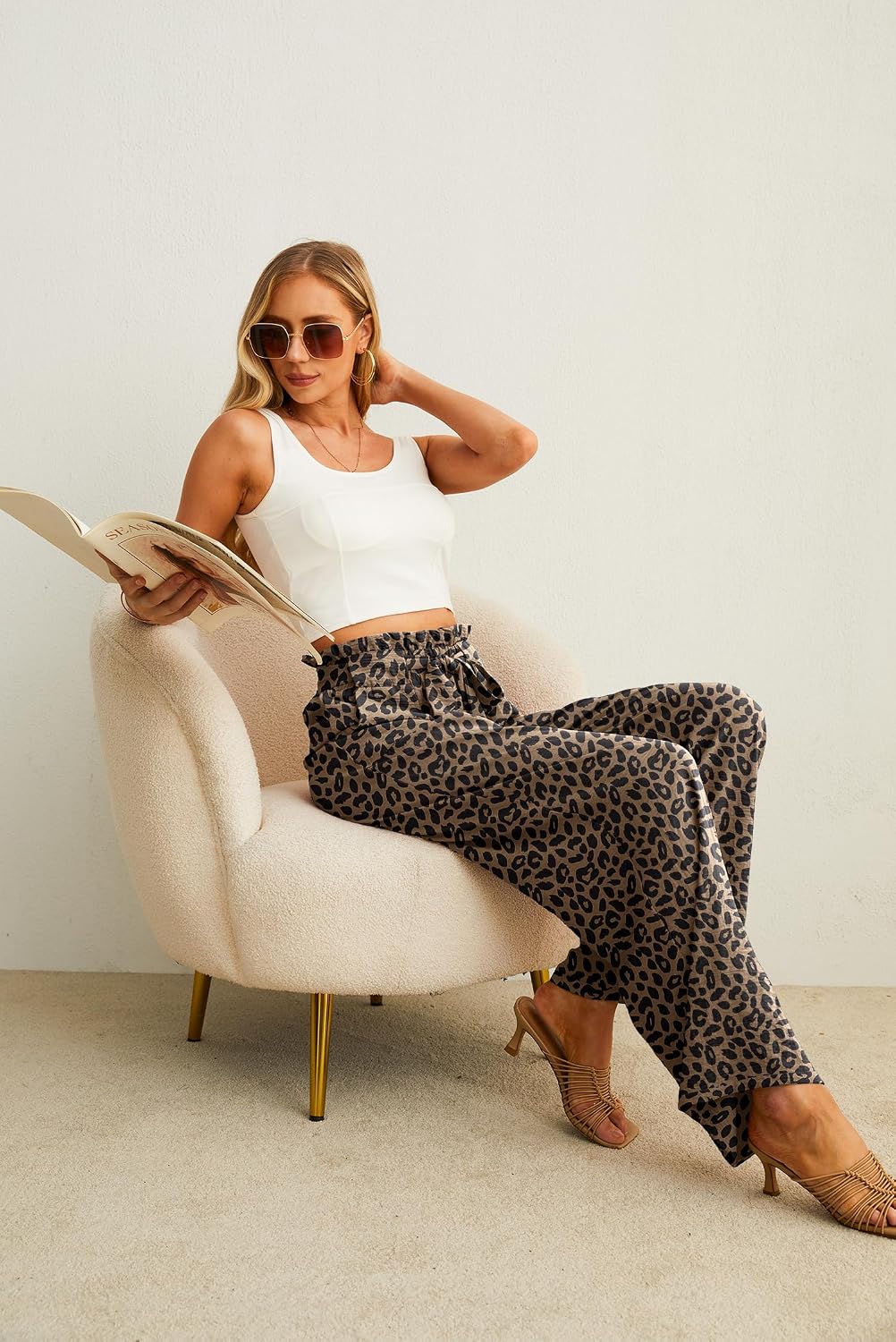  Women High Waist Palazzo Pants, Adjustable Knot Ankle Wide Leg Trousers Pockets Beach Vacation Lounge Office thumbnail
