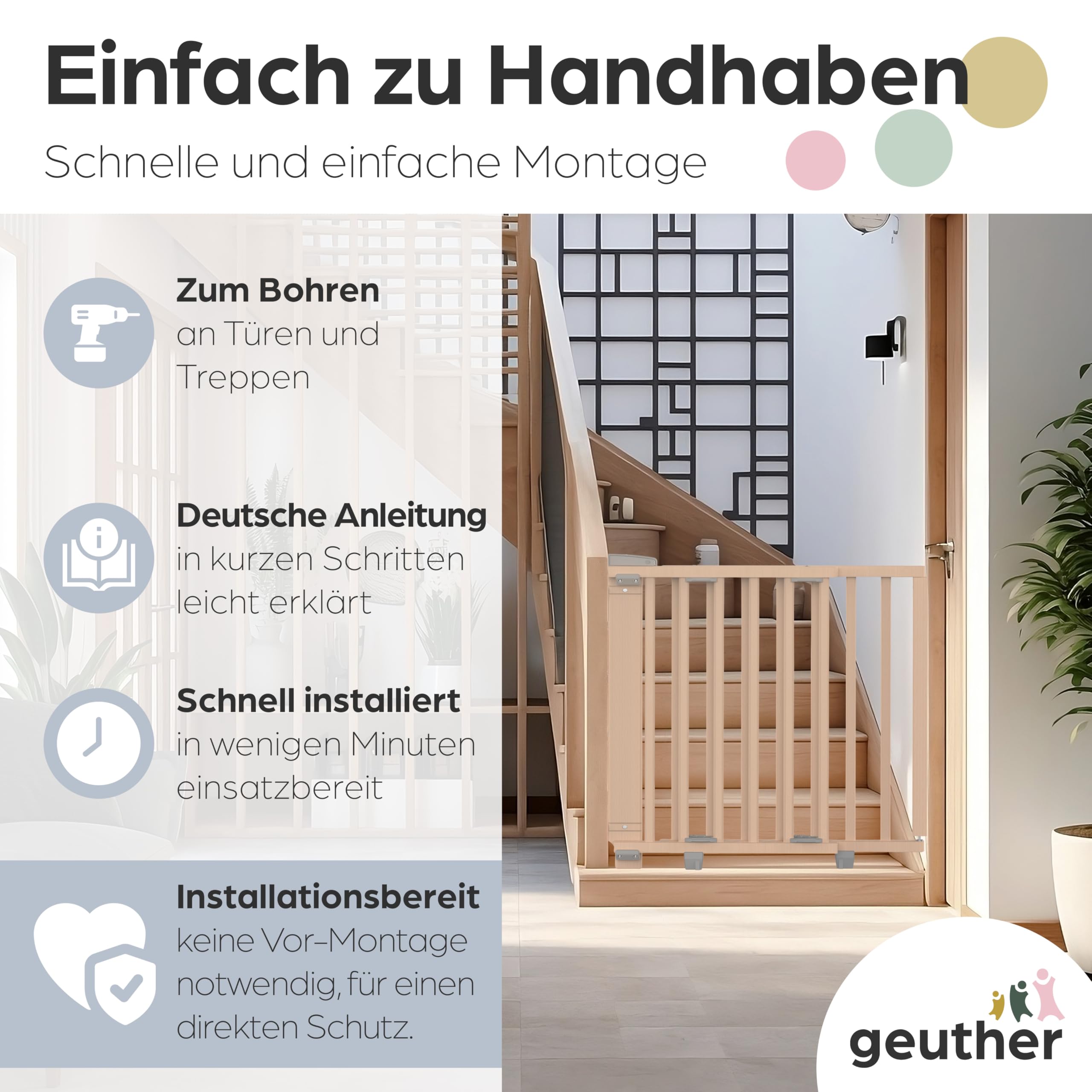 Geuther Türschutzgitter Oris | Treppenschutzgitter zum Anschrauben, Breite 58-93 cm | Stabiles Babygitter & Türgitter mit Schwenktür, sicherheitsgeprüft | Kindergitter Holz, Natur lackiert