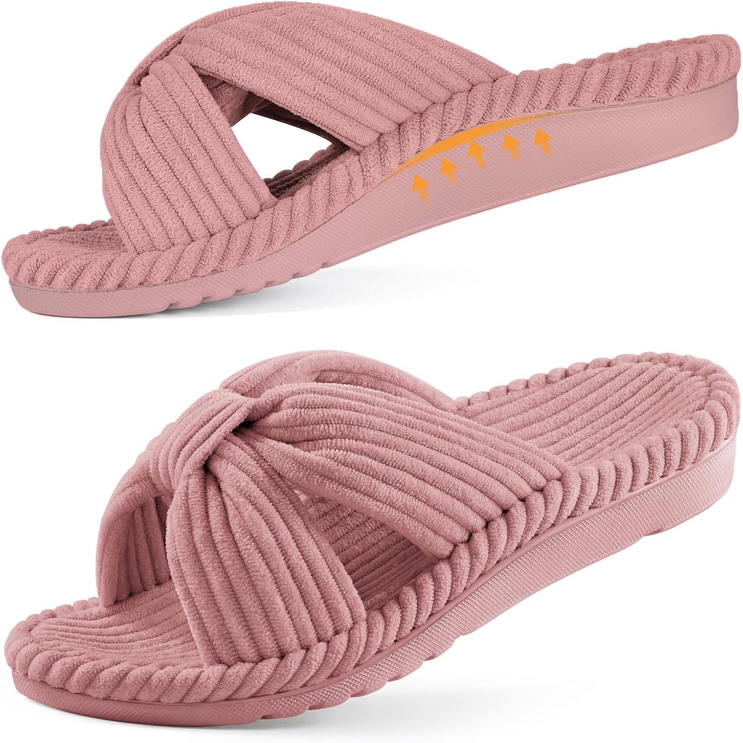 Litfun Orthopedic Arch Support Slippers for Women Comfortable Open Toe Indoor House Slippers Corduroy Cross Bow Bedroom Shoes for Plantar Fasciitis