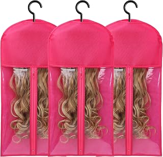 AIHOPESTO 3PCS Hot Pink Wig Storage Bags with Hanger - Dust-Proof Holder for Multiple Wigs, Hair Extensions & Accessories