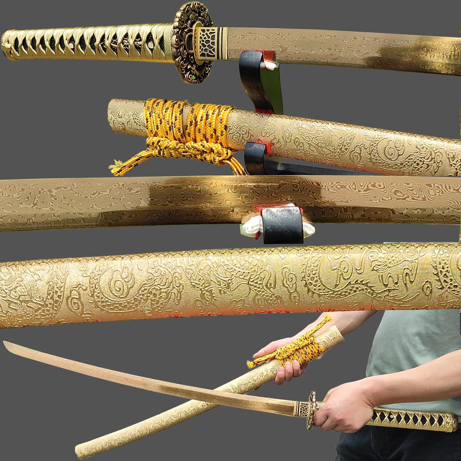 Spring Steel Blade Dragon Head Katana Handmade Full Tang Japanese Samurai Sword Real Battle Knives Very Sharp Highlander Sword (Gold Damascus Steel Dragon Katana)