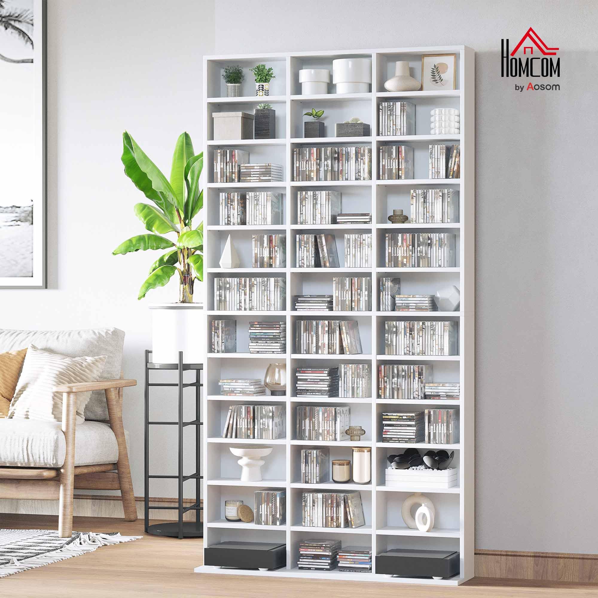 HOMCOM Rangements pour CD et DVD, étagère Rangement, capacité Max. 1116 CD/528 DVD, 36 Compartiments et étagères réglables, pour Bureau, Salon, Chambre, 102 x 23,5 x 195 cm, Blanc