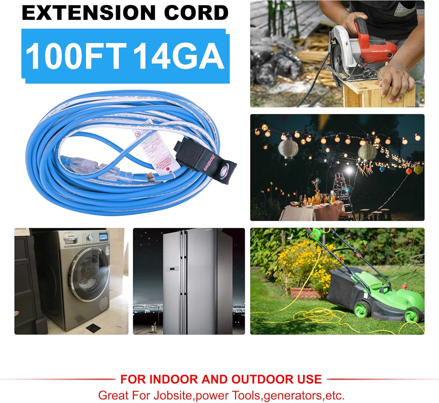 14 Gauge 100 feet Extension Cord Pure Copper Outdoor,14/3 Gauge Heavy Duty, Waterproof & Cold Resistant, with 3 Prong Lighted End, 13A 1625W SJEOW, Flexible for Outside Use