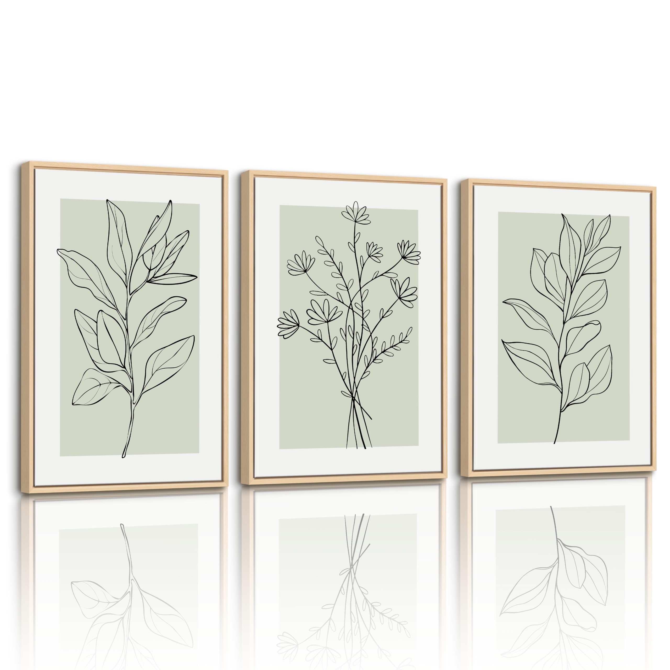 WENGTIAO Leinwand Bilder mit Rahmen, Boho Abstrakte Botanik Wandbilder | Salbeigrün Schwarz Neutrale Abstrakte Pflanzen Kunstdrucke auf Leinwand für Modern Wohnzimmer Schlafzimmer Wanddeko 30x40cmx3