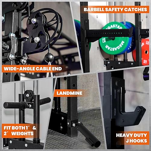 Miniatura 6 de Estante de alimentación montado en la pared, capacidad de 1600 libras, compacto gimnasio comercial en casa con doble cable cruzado, extracción LAT,