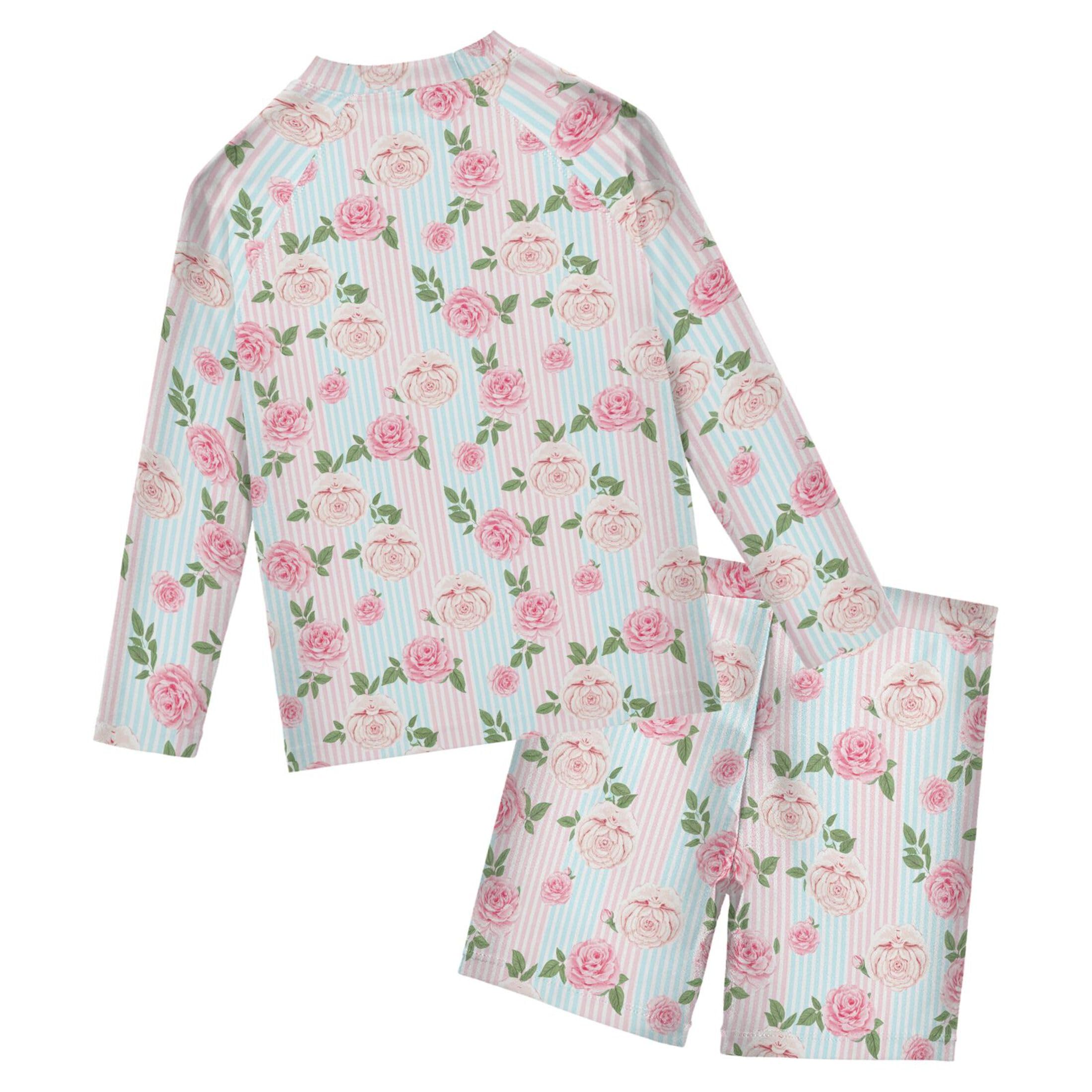 Pink Flowers Boys Rash Guard Swimsuits Set for Boys Long Sleeve Swim Shirts Bathing Suits with Trunks B0404752