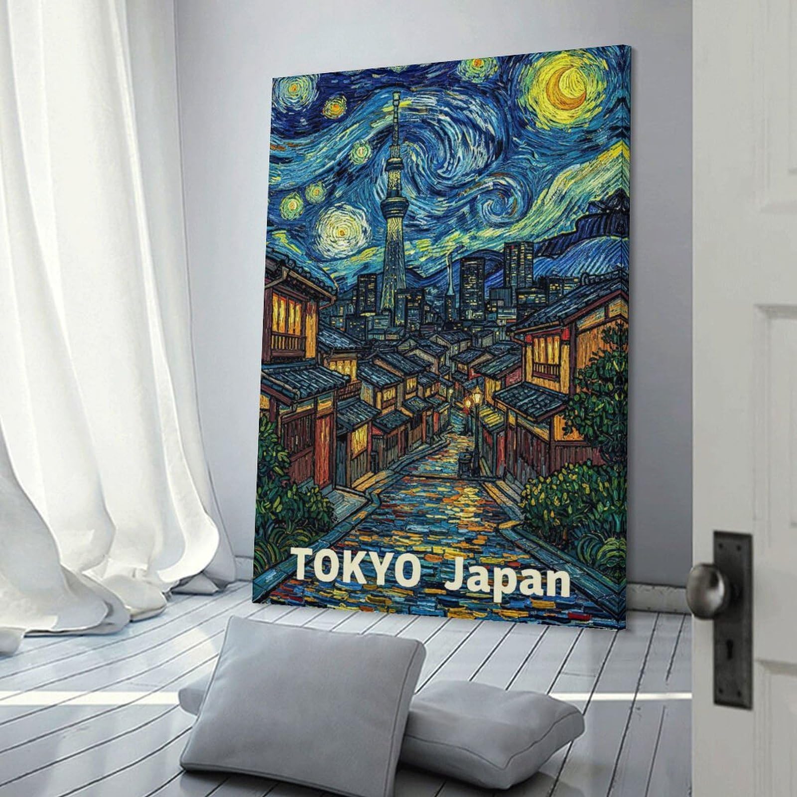 Junmoney Tokyo Japan Starry Night Painting Room Decor Wall Art, 20x30inch(50x75cm), for Bedroom, Guest Room Or Reading Nook, Home Artwork with A Soft Interior Feel