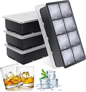 QooWare Ice Cube Molds 4 Pack - Easy-Release Silicone Ice Cube Tray with Lid - Flexible Large Square Ice Cube Mold for Home, Fashionable Food Grade Ice Maker Tray for Chilling Whiskey Cocktail Beverages Juice Freezer Baby Food - Black