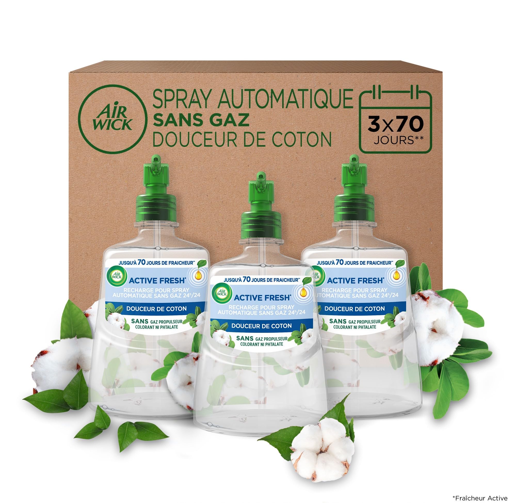 Air Wick Désodorisant Maison Spray Automatique sans Gaz Active Fresh - 3 Recharges Parfum Douceur de Coton