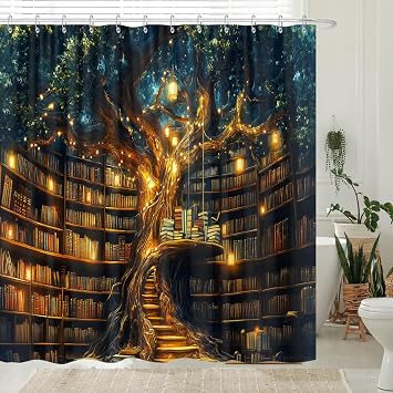 Fantasy Library Shower Curtain for Bathroom, Mysterious Tree Magic Bookshelf Aesthetic Bathroom Curtains Accessories, Witchy Fairytale Tree Vintage Bookshelf Book Art Bath Curtain with Hooks, 72X72
