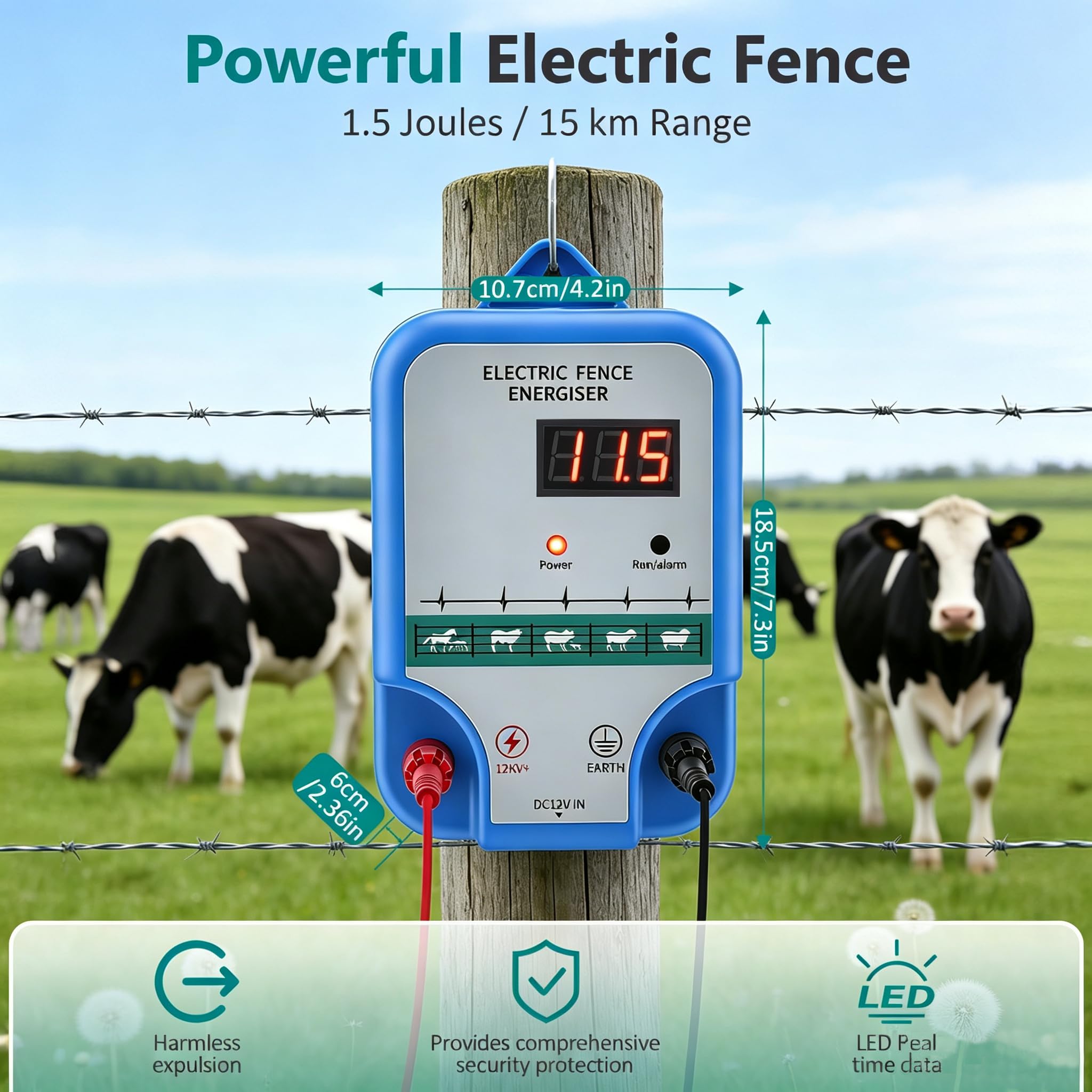 Elettrificatore per Recinto Elettrico 12KV 1.5J, Recinto Elettrico per Animali 15km con 3 Alimentazioni, AC230V Recinzione Elettrica per Animali Display LED Impermeabile per Cavalli Pecore Fattoria