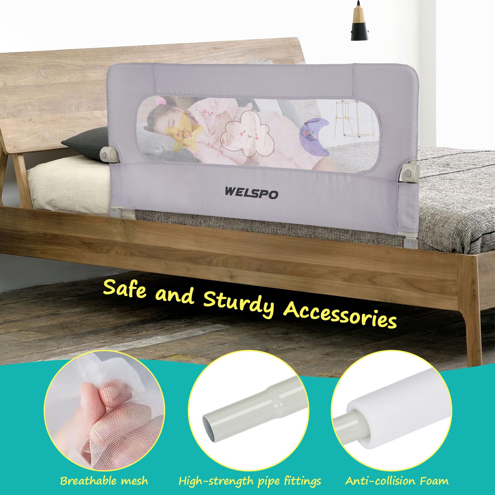 welspo Bettgitter Bettschutzgitter mit Kindermotiven, Rausfallschutz | für Kinderbett, Grau
