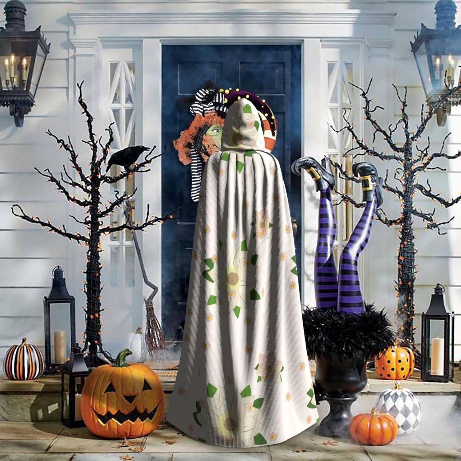 Blooming Hexagonal White Men Women Halloween Role Play Party Decoration Hooded Poncho