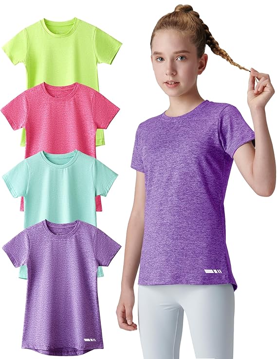 Youth Girls Athletic Shirts, Short Sleeve Dry Fit Apparel Tech Tshirts, Sports Activewear for Kids Teens