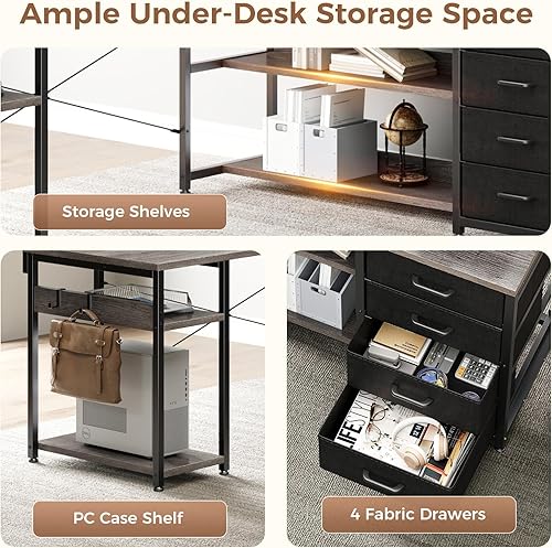 Miniatura 38 de AODK Escritorio en forma de L de 53 pulgadas con cajón, escritorio para computadora con tomas de corriente y luces LED, escritorio de esquina Negro