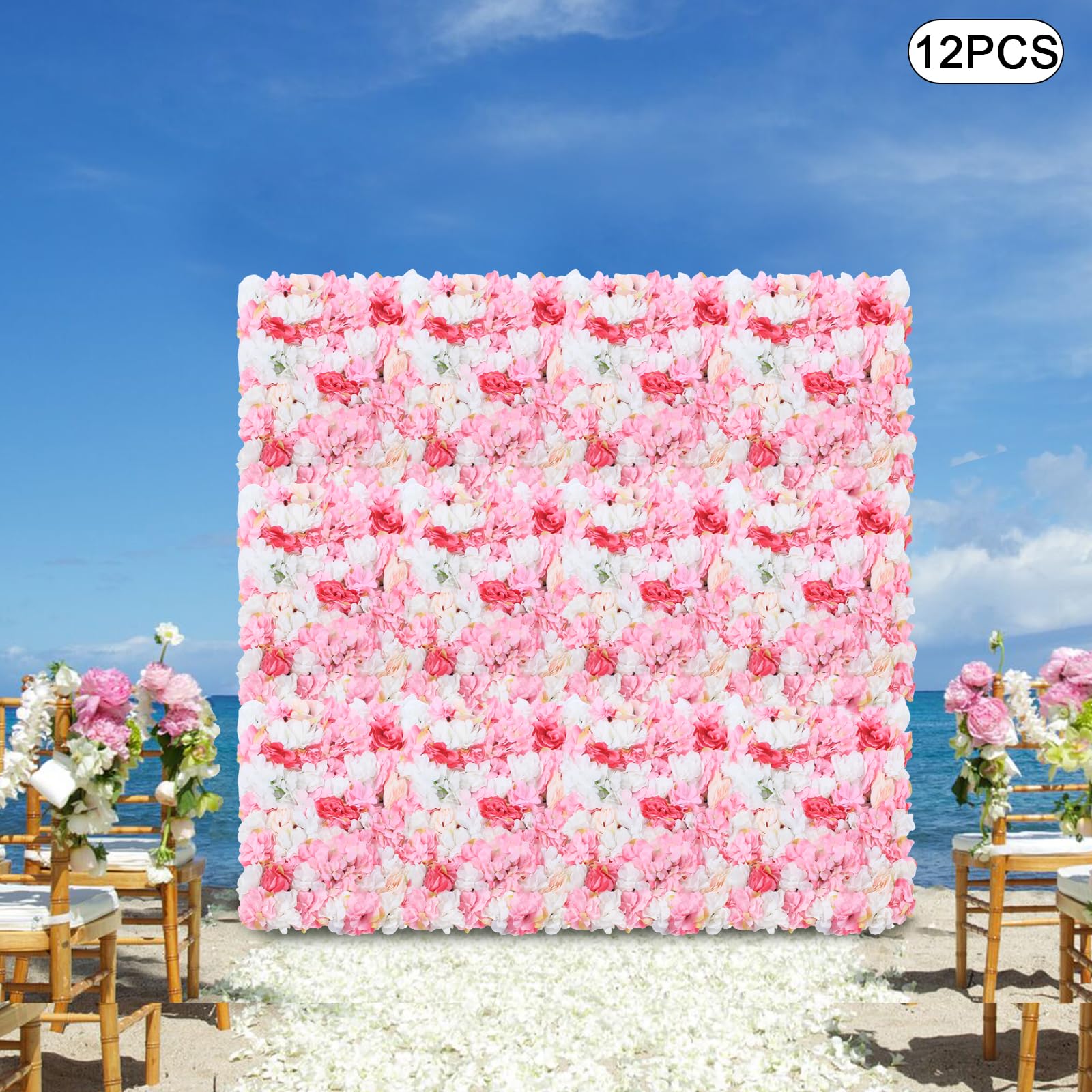 12er Set Künstliche Blumenwand 60x40cm Paneel Kunstblumen Rosa Weiß Deko | Dichte Seidenblumen Mit Rosen Dahlien Hortensien Und Gitterrückseite Für Hochzeit Event Fotowand Oder Balkon Dekoration