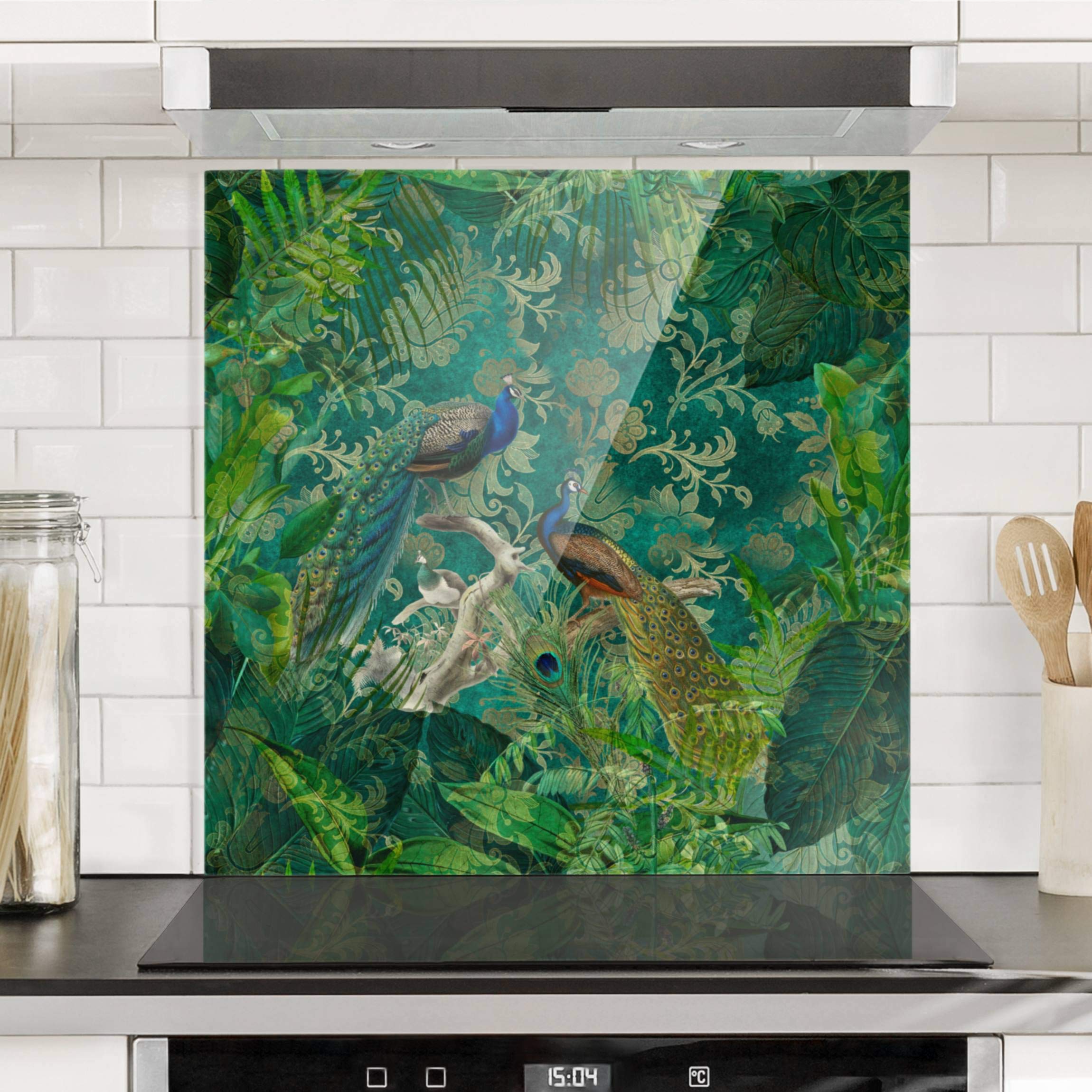 Fond de hotte avec support épaisseur 4mm animaux crédence cuisine plantes verre trempé panneau mural vert crédence en verre style vintage cuisine 5405 (60x59cm)