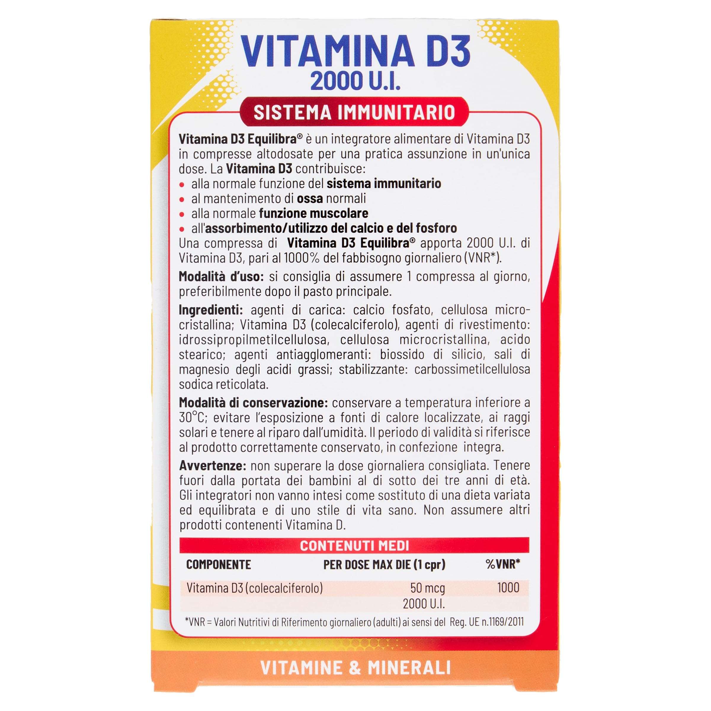 Equilibra Integratori Alimentari, Vitamina D3, Integratore Vitamina D3 per la Normale Funzione del Sistema Immunitario, per il Mantenimento di Ossa Normali, 2000 UI, 30 Compresse Altodosate