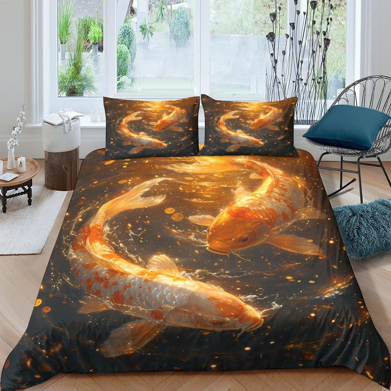 Ctjqhvkz Style-4 3D Printed Koi Fish Fitted Sheet Microfiber Artistic Gold Black Water Bed Cover For Bedroom Dorm Mattress Protection Decor Single（135X200cm）