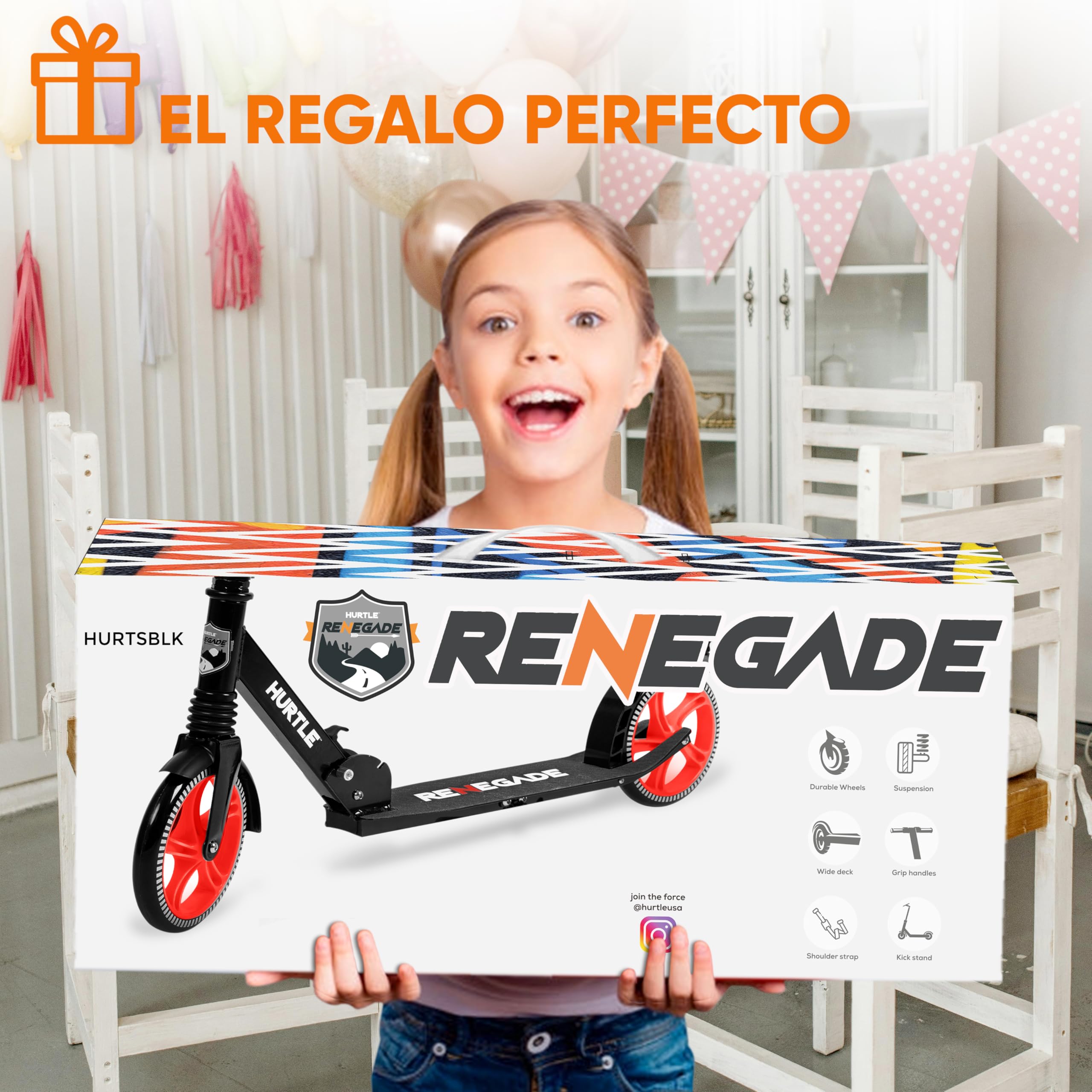 Hurtle Renegade Patinete 2 Ruedas Plegable Ajustable Freno Manillar