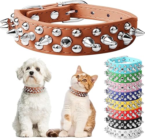 Collar de cuero con tachuelas para perros pequeños, medianos y grandes, collar de piel sintética marrón suave y ajustable, collares de cuero