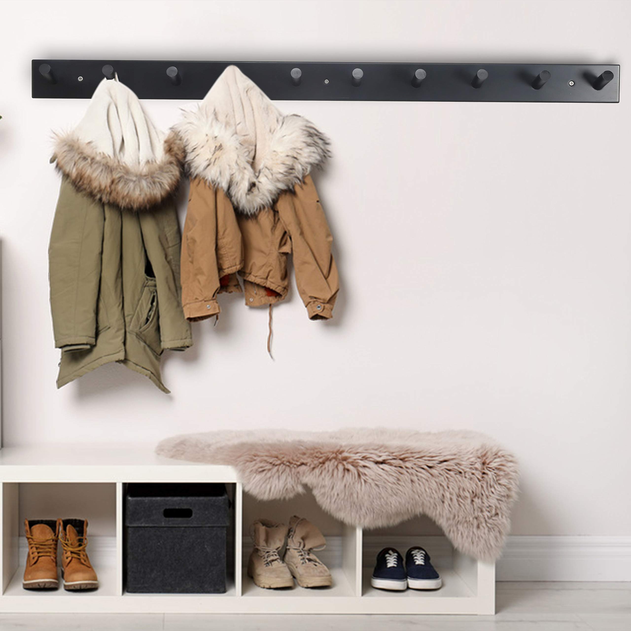 Dseap Wandgarderobe – 10 Wäscheklammern, 97 cm lang, robuste Wandgarderobe für Kleidung, Hut, Jacke, Kleidung, Schwarz, 2 Stück